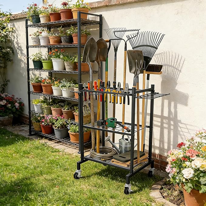 3 Tier Garden Tool Organizer with Wheels, Garden Tool Rack Rack Up to 50 Tools, Heavy Duty Metal Yard Tool Organizer for Garage with Hooks, Freestanding Lawn Tool Shovels for Shed&Outdoor Organization