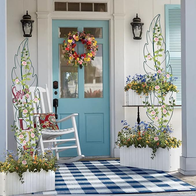 Metal Garden Trellis Plant Support Trellis for Climbing Vines Floral Vegetables Metal Trellis -Green Leaf Trellis Garden Decor Set of 2（Green）