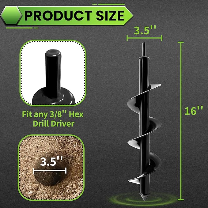 Auger Drill Bit for Planting - 3.5"X16" Heavy-Duty Garden Auger Spiral Drill Bit - Bulb Planter Tool & Auger Post Hole Digger - 3/8" Hex Drive Drill