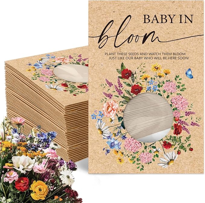50Pcs Wildflower Seed Packets Baby in Bloom Kraft Envelopes with Window Resealable Rustic Floral Seed Storage Pockets for Garden Office Party Favors Supplies, 2.8 x 3.9 inch