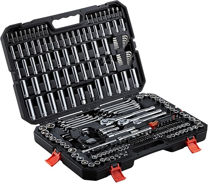 VEVOR Mechanics Tool Set, 253-Piece Mechanic Tool Kit, 1/4 in, 3/8 in, and 1/2 in Drive, SAE and Metric Socket Set, Wrenches, Screwdriver Bits, Accessories, and Storage Case, for Automotive Repair