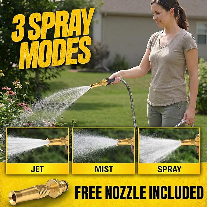 Bionic Steel PRO 50 Ft Metal Garden Hose with Nozzle, Water Hose Made from Heavy Duty 304 Stainless Steel, Flexible, Lightweight, Brass Fittings, Non Kinking, 5/8” Inner Diameter, 500 PSI