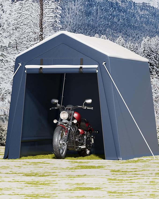 6X8 ft Heavy-Duty Portable Motorcycle Storage Shed with Roll-Up Door & Vent, 220g Waterproof PE Tarp & UV Protection, Motorcycle Shed for Motorcycles, Firewood, Garden Tools - Gray