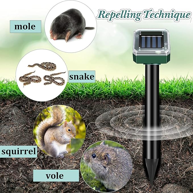 Mole Repellent for Lawns 10 Pack, Solar Powered Mole Repeller Ultrasonic Gopher Deterrent, Outdoor Waterproof Vole Vibration Stakes,Sonic Spike for Rodent Groundhog Snake Chipmunk