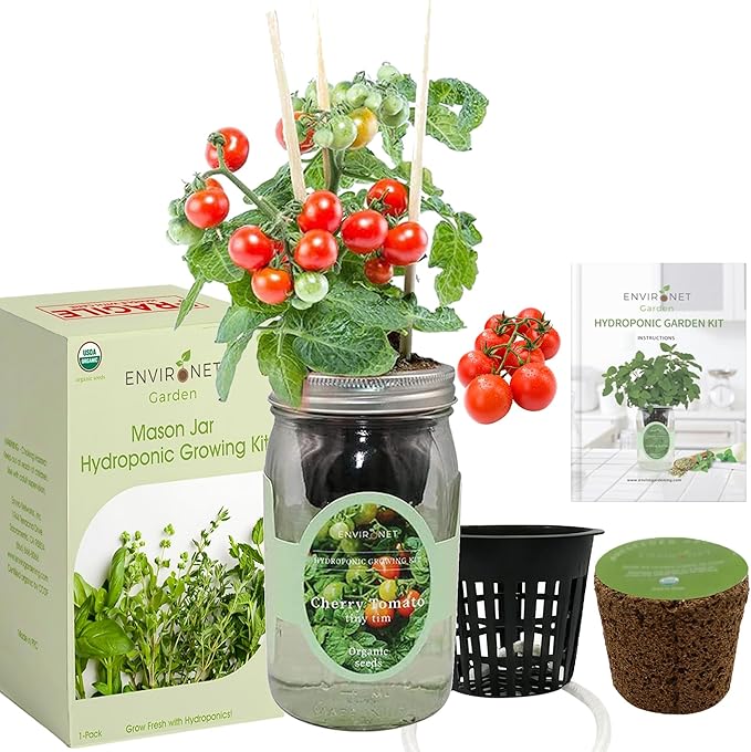 Hydroponic Tomato Growing Kit, Self-Watering Mason Jar Tomato Garden Starter Kit Indoor, Grow Tomatoes from Organic Seeds (Tiny Tim Cherry Tomato)