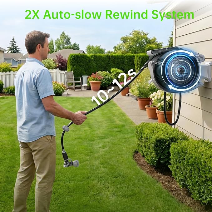 Retractable Garden Hose Reel 5/8 in x 100 ft, Heavy Duty Wall Mounted Water Hose Reel with 9-Pattern Nozzle, Any Length Lock, Automatic Slow Return System, 180° Swivel Bracket, UV Resistant