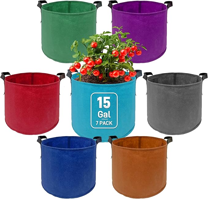 7 Pack 15 Gallon Plant Grow Bags - Mixed 7 Colors with Reinforced Handles & Aeration Design, Ideal for Tomato, Flowers & Fruits