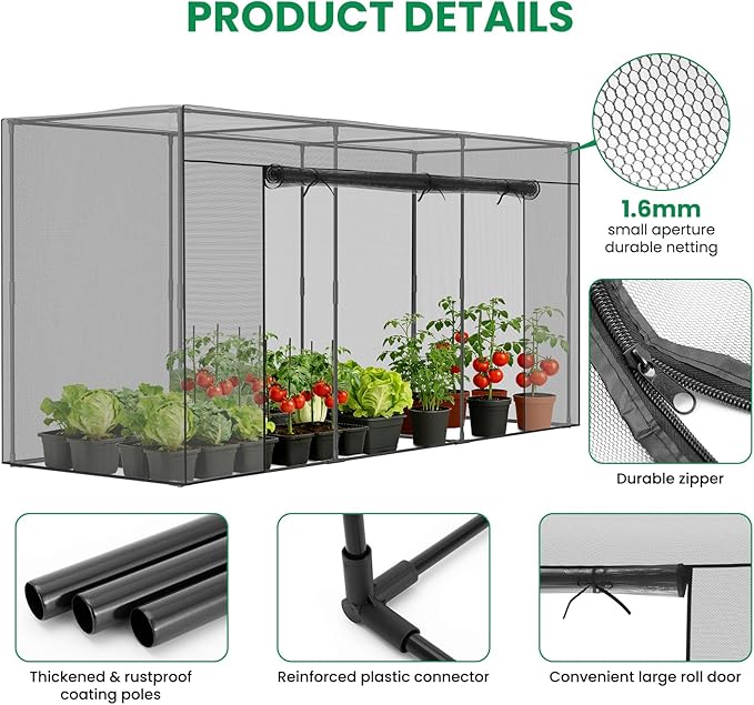 SUNYRISY Garden Plant Netting Crop Cage for Garden Raised Bed, 11.8 x 4 x 6 Ft Plant Cover Cage Protectors from Animal for Outdoor Plants with Frame and Zippered Door, Black