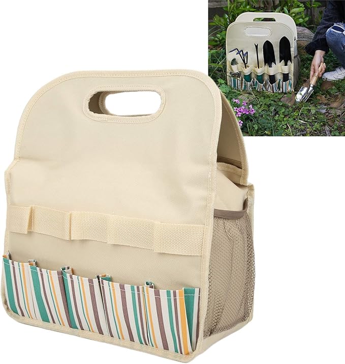 Large Capacity Multifunctional Garden Tool Bag with PE Board 600D Oxford Camping Storage Organizer 10 Pockets Beige Stripe