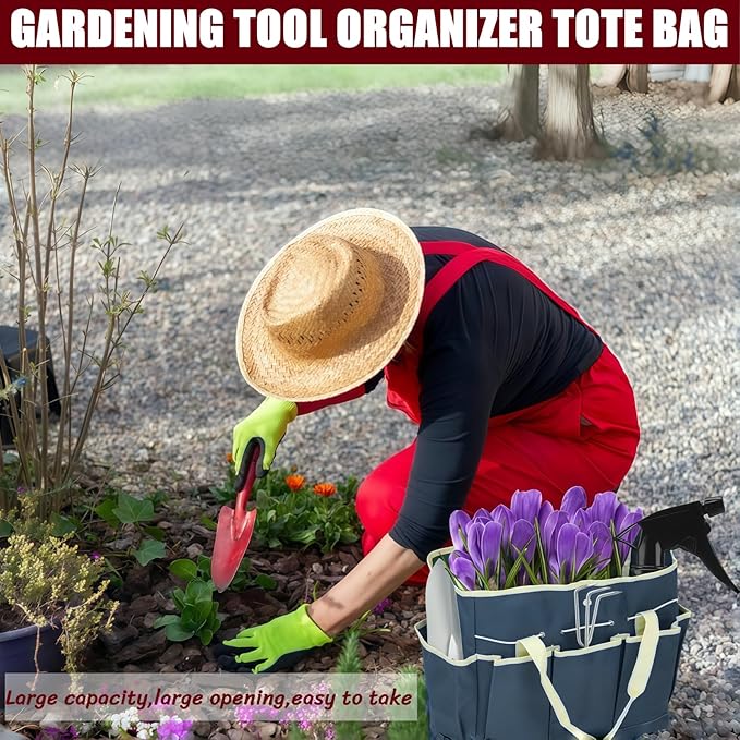 BLIRITEL Garden Tool Organizer,Waterproof Garden Tool Tote Bag with 8 Side Pockets,Outdoor Gardening Tool Storage Bag and Home Organizer for Gardener,Pottery,Electrician and Repairman