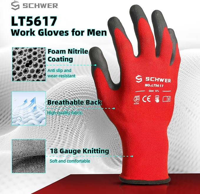 Schwer Ultra-Comfort Safety Work Gloves MicroFoam Nitrile Coated, Seamless Knit Nylon Glove for Men and Women, 6/12 Pairs, Abrasion Resistant, Non Slip, Breathable, LT5617, XXL