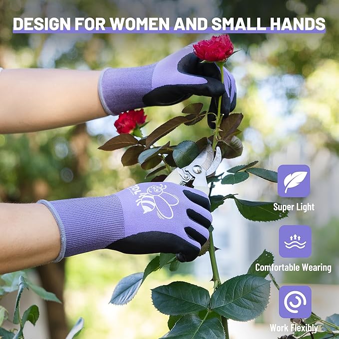 JDL 3 Pairs Nylon Nitrile Coated Gardening Gloves for Women, Touchscreen Yard Garden Gloves, Breathable Safety Work Gloves with Grip, Purple, Small