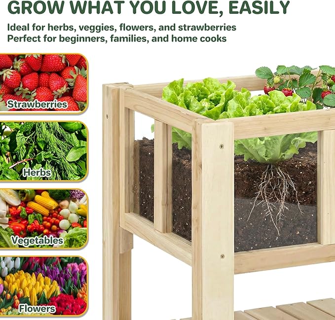 Raised Garden Bed for Small Balcony, 28.3''x16.3''x23.6'' Wood Planter Box with Transparent Window, Drainage Holes, Storage Shelf, Garden Beds Flower Stand Patio Kitchen, Gift for Gardening