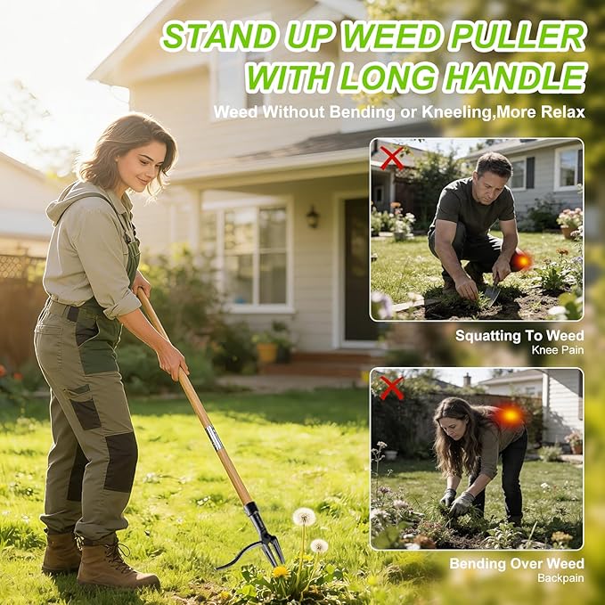 Stand Up Weed Puller Tool - 4-Claw Steel Head, 31"-44.5" Adjustable Long Handle, Heavy Duty Garden Weeder with Foot Pedal, Easy Root Removal for Lawn, Yard, Garden & Flower Bed