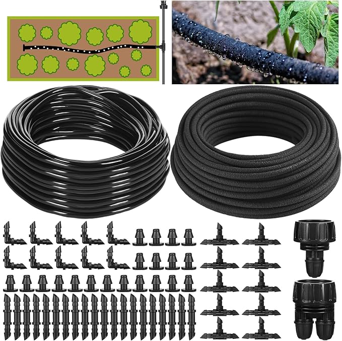 Drip Irrigation System Kit Garden Watering System 200ft 1/4 Inch Soaker Hose 100ft 1/4 Inch Drip Irrigation Tubing with Distribution Tubing and Accessories for Garden Greenhouse Patio Lawn
