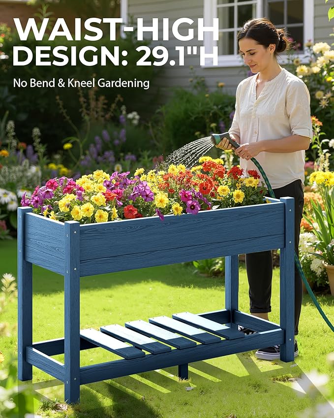 SERWALL Raised Garden Bed with Legs Set of 2, 43"×17"×30" Large HDPE Elevated Planter Box for Vegetables Flower Herb Patio, All Weather Use- Blue