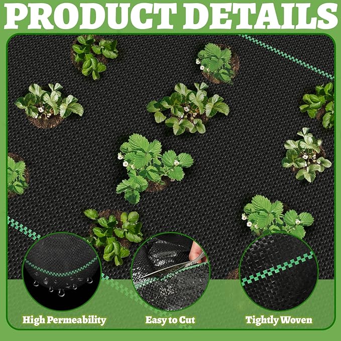 Garden Weed Barrier Landscape Fabric with 132 Planting Holes – 4ft x 33ft Woven Geotextile Fabric,Driveway Fabric,Durable Weed Control Mat with 20 Securing Pegs for Flower Beds, Vegetable Gardens