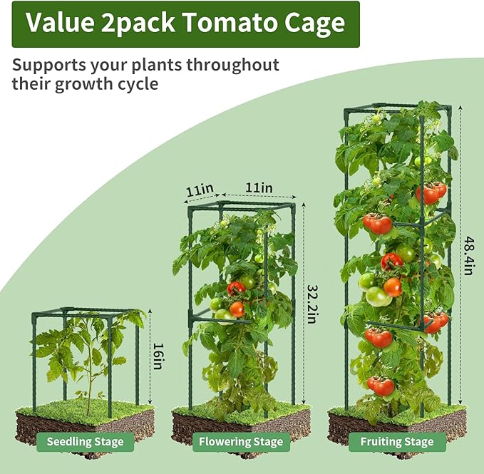 ROADPLUM 2 Pack 48" Tomato Cage for Garden, Heavy Duty Adjustable Plastic Coated Steel Pipe Tomato Stakes Trellis Plant Cages for Vegetable, Fruit, Flower, Rose Vine Climbing Plants