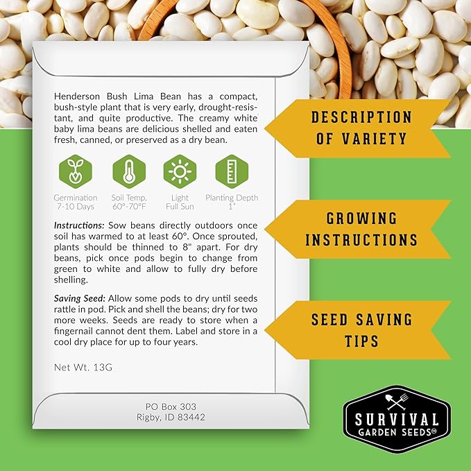 Lima Bean Seeds for Planting – Henderson Butter Bean Seeds for Gardens & Classroom Science Projects, Easy to Grow Non-GMO Heirloom Variety - Survival Garden Seeds (5 Packs)