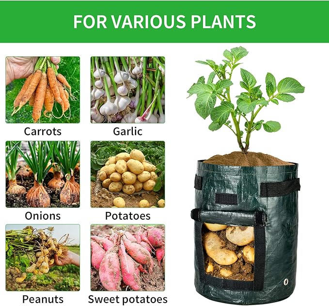 iPower 3-Pack 10-Gallon Potato Grow Bags Garden Waterproof Reusable Vegetable Plant Pots Container with Handle, Access Flap and Large Harvest Window, 10 Gallon, for Tomato, Carrot, Fruits
