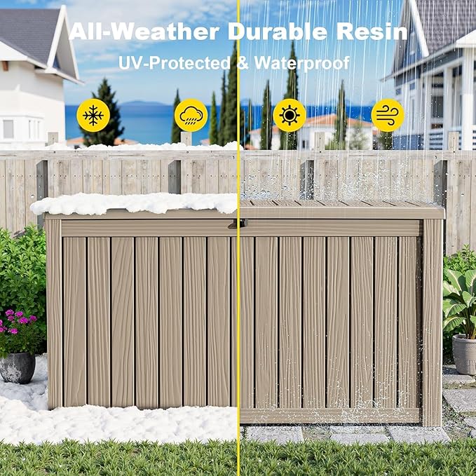 200 Gallon Outdoor Storage Deck Box Lockable Waterproof Resin Outside Bench UV Resistant Bin Patio Porch Furniture Pool Float Garden Tool Cushion Grey