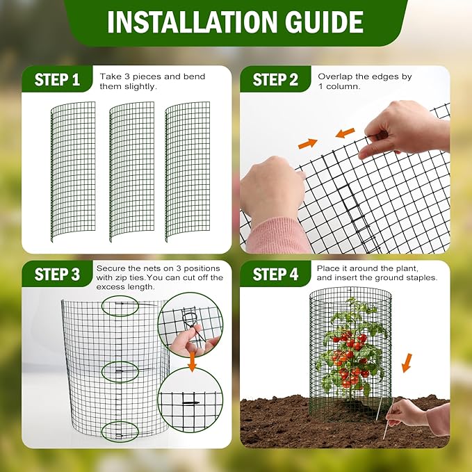 Uyittour 10 Pack Plant Protectors from Animals, 12" x 16" Round Metal Wire Garden Plant Cages to Keep Animals Out, Rabbit Proof Protection for Vegetables & Flowers with Stakes, Zip Ties & Gloves