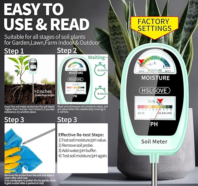 HSLGOVE Soil Test Kit, 2-in-1 Soil Moisture Meter/Soil PH Meter, Dual Screen Soil Tester, Soil Moisture Meter for Plants Watering/Gardening for Lawn,Farm Indoor&Outdoor Use-Mint Green