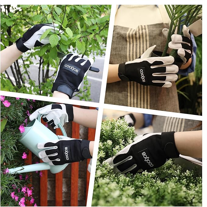 COOLJOB Sheep Skin Leather Garden Gloves with Abrasion Resistant Grip, Thorn Puncture Proof Work Gloves for Landscaping, M-XL