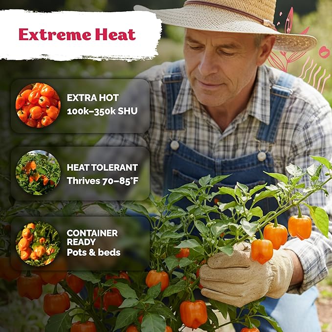 KVITER 100 Orange Habanero Hot Pepper Seeds (Capsicum Chinense) - Habanero Extra Hot Pepper, Heat Tolerant, Heirloom, Non GMO Seed - Vegetable Seeds in Seed Packets for Garden, Container, Greenhouse