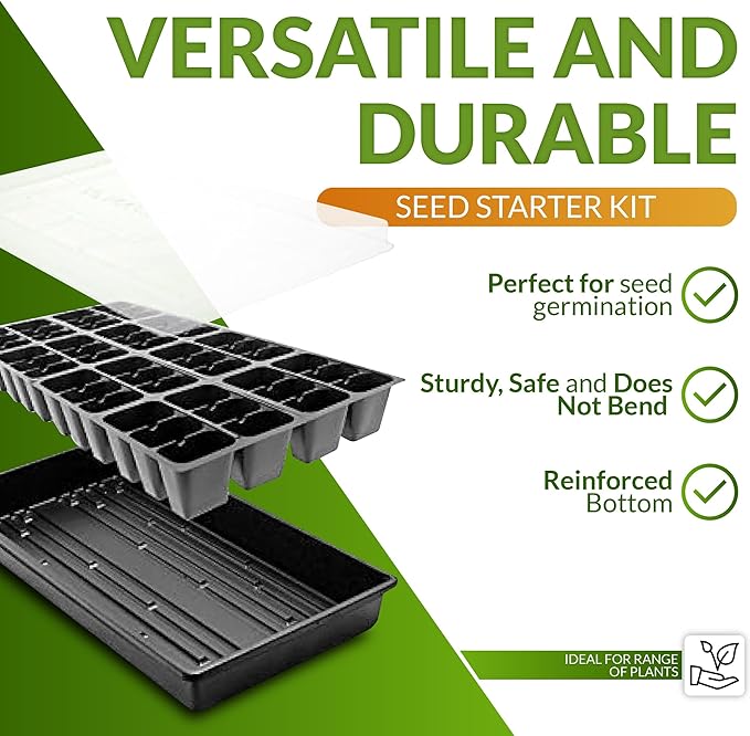 Greenhouse Megastore Seed Starter Kit - 3 Pack of Seedling Trays 1020 No Holes Heavy Duty, Seed Planting Growing 48-Cells Inserts Plug Trays & 2" Tall Humidity Domes for Seed Starting