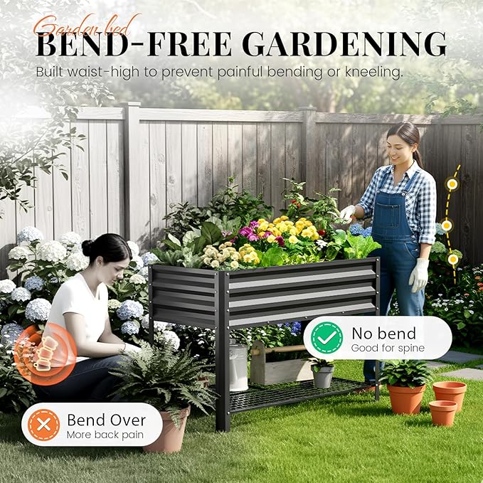 KING BIRD Large Raised Garden Bed with Legs & Storage Shelf Galvanized Elevated Planter Box for Backyard, Patio, Balcony, 400lb Capacity, Dark Grey 48×24×30 in