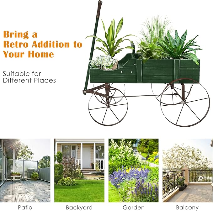 Goplus Wagon Planter, Decorative Wooden Garden Planter with Wheels, 2 Planting Sections and Adjustable Handle, Indoor Outdoor Backyard Balcony Decor (Green)