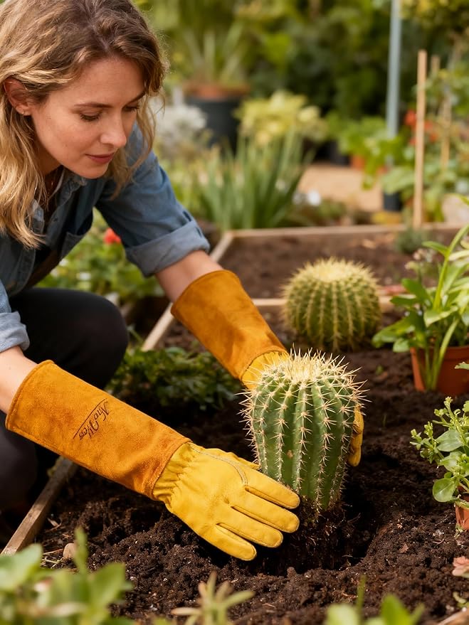 Gardens Leather Gardening Gloves for Women and Men | Thorn and Cut Proof Garden Work Gloves with Long Heavy Duty Gauntlet | Suitable For Thorny Bushes Cacti Rose (Medium, Yellow)