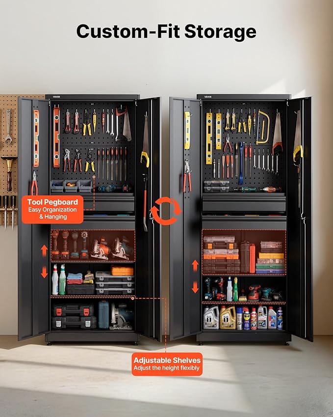 VEVOR Metal Storage Cabinet, 180 lbs Shelf Load Capacity, 70.87" Tall Garage Tool Storage Cabinet with 2 Locking Doors, Adjustable Shelves, 2 Drawers, Pegboard, for Garage, Home, Office, Utility Room