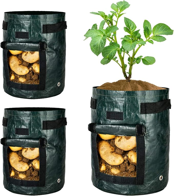 iPower 3-Pack 10-Gallon Potato Grow Bags Garden Waterproof Reusable Vegetable Plant Pots Container with Handle, Access Flap and Large Harvest Window, 10 Gallon, for Tomato, Carrot, Fruits