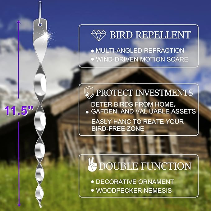 Hausse 10 Pack Bird Deterrents for Outside, Bird Repellent Hanging Silver Plastic Reflectors Scare Rods, Garden Decorative Reflective Scare Birds Away, Like Woodpeckers, Pigeons and Geese