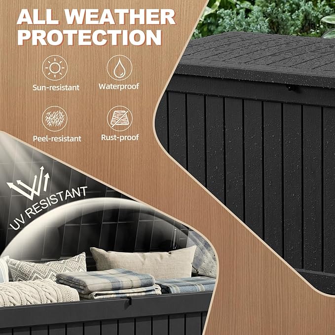 EFU Outdoor Storage Box 260 Gallon Deck Box (Indoor & Outdoor) Lockable UV Resistance Waterproof Resin Storage Bin Storage Box for Outdoor,Patio Storage With Support Rod(Black)