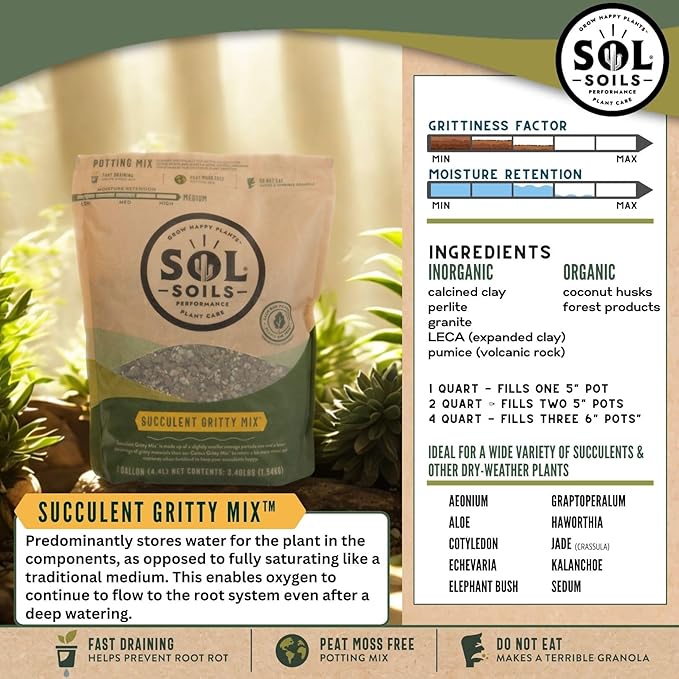 Sol Soils Succulent Gritty Mix - Fast Draining, Peat Moss Free, Perlite - 2 Quarts - Coconut Husk, Pumice