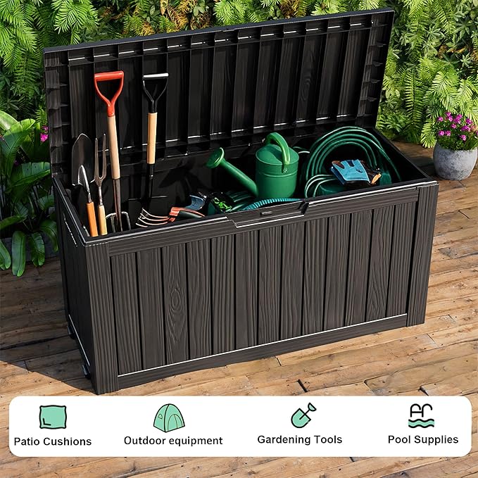 Waterproof Outdoor Storage Box, 75 Gallon Lockable Deck Box, UV-Resistant Outside Storage Bin With Hydraulic Lid For Patio Furniture, Cushion Organizer, Garden Tools, Pool Accessories, Black