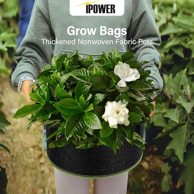 iPower 5-Gallon 5-Pack Grow Bag Thickened Nonwoven Fabric Pots Heavy Duty Aeration Container with Strap Handles for Garden and Planting Vegetable Flowers, Black with Green Stitch Sewing