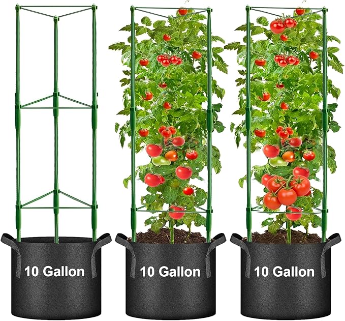 3 Pack Tomato Cage with 10 Gallon Grow Bags, 48" Height Adjustable Tomato Trellis with 65Ft Twist Tie, Heavy Duty Tomato Cages for Garden Flowers Vegetables Climbing Plants