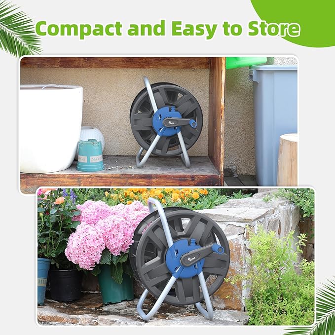 Water Hose Reel Cart, Holds 60-80 Ft of 5/8 Inch Hose, Blue Wall Mounted Garden Hose Cart, Portable Hose Reel for Convenient Storage and Watering