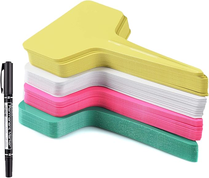100 Pcs Plant Labels with a Gel Pen, T-Type Waterproof Nursery Garden Markers Plastic Plant Tags, Multicolor, 6 x 10cm