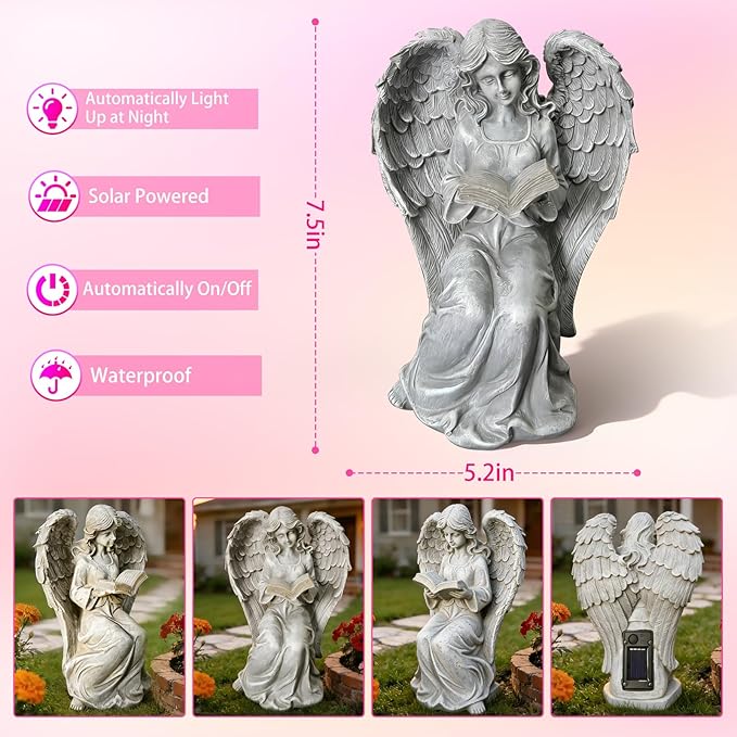 Solar Garden Outdoor Angel Book Statues,Book Lovers for Balcony Patio Lawn Table Yard Ornaments, Solar Resin Fairy Waterproof LED Lights,Birthday Gifts for Women Mom Grandma