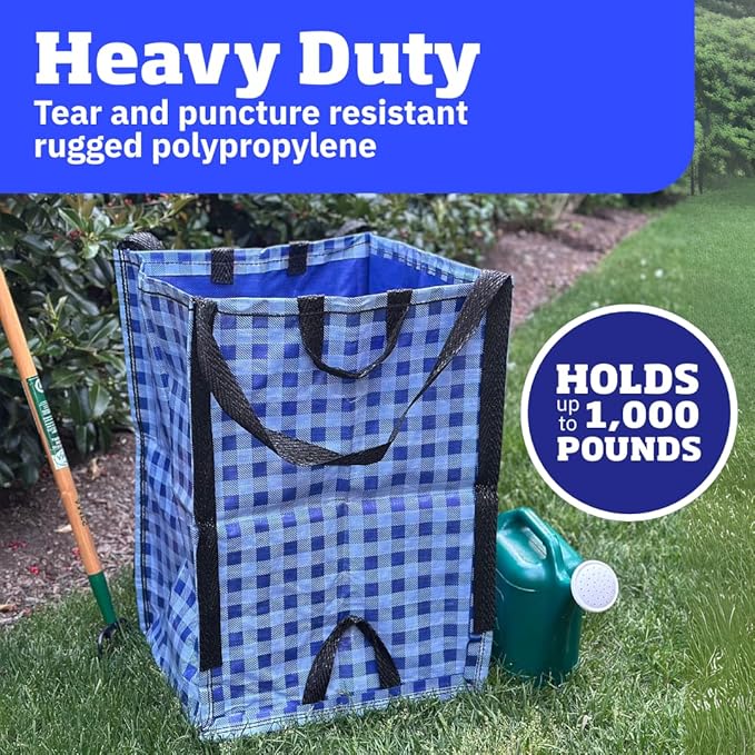 DURASACK Heavy Duty Home and Yard Bags 48-Gallon Reusable Self-Standing Lawn and Leaf Bags Garbage Can with Reinforced Handles, Gingham Blue