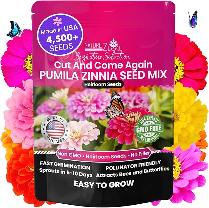 NatureZ Edge Zinnia Seeds for Planting Outdoors, 4500 Flower Seeds, Bulk Semillas De Flores para Sembrar, Pumila Mix 1oz, Zinnia Elegans, Made in USA