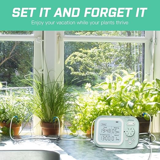 Automatic Plant Waterer Indoor Self Watering System for 15 Potted Plants, Auto Drip Irrigation Kit Programmable Water Timer with Smart Humidity Detection, Green