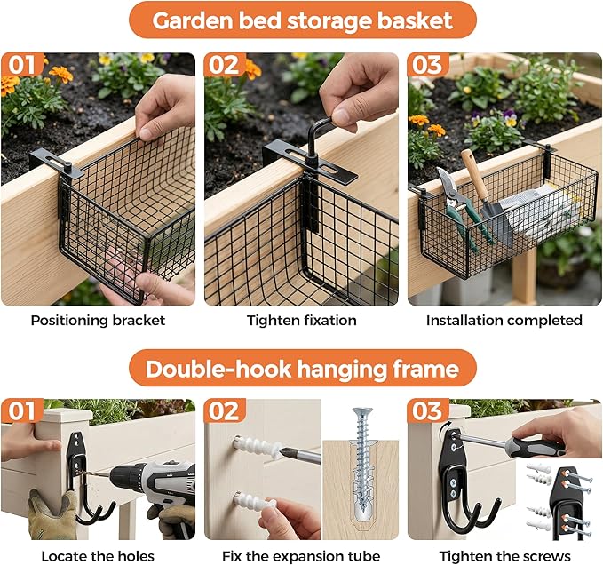 Metal Raised Garden Bed Hanging Storage Basket Includes Hooks, 15.6 x 5.8 x 3.8in Flower Bed Clip-On Hanging Organizer Basket for Raised Garden Beds Kit for Gardening Tools & Supplies