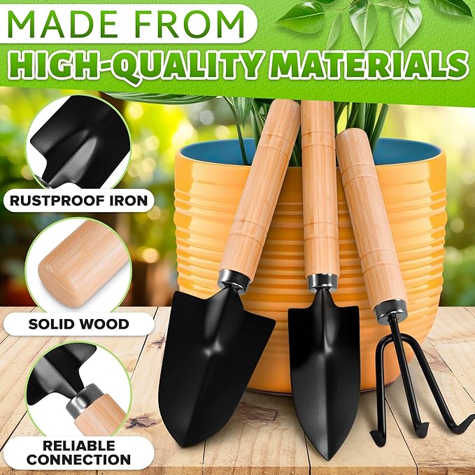 3 Pcs Mini Garden Tools for Gardening – Small Garden Tools Set with Mini Shovel, Small Trowel & Hand Rake, Rustproof Metal Build & Wood Handle – Shovels for Digging, Balcony Pots & Indoor Plant Care