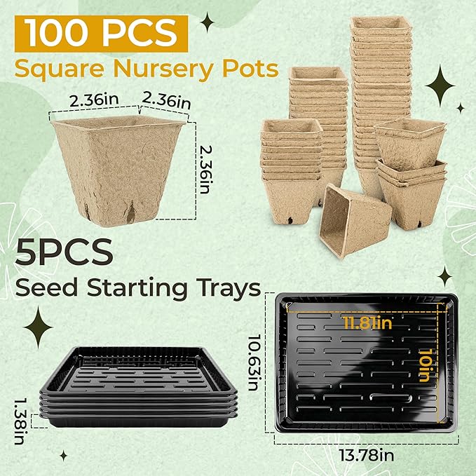 100 Pcs Square Nursery Pots, 5 Pcs Seed Starter Tray, 2.6 inch Nursery Pots with Tray, Plastic Starter Pots for Planting Seeds, Reusable Seed Starting Pots with Drainage Holes (Kraft Paper)